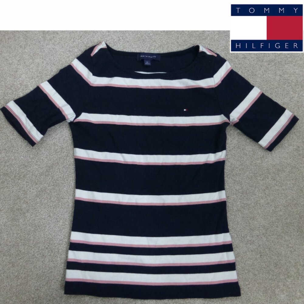 Tommy Hilfiger Blue Striped Quarter Sleeve Boatneck Top